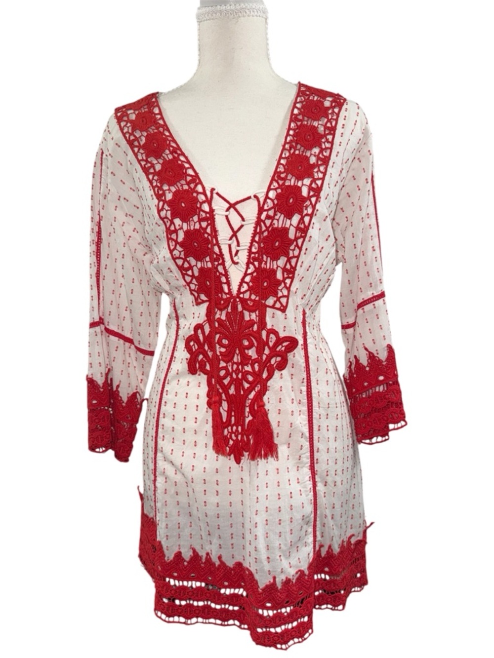 White Boho Embroidered Lace Up Romantic Tunic Mini Dress with Red Trim Size M/L